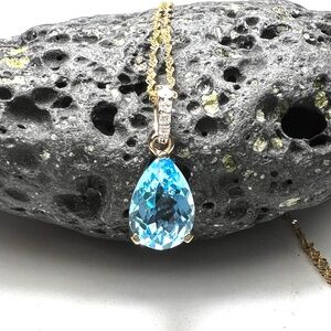 New 14k Yellow Gold Swiss Blue Topaz Pendant with Diamonds ( NO CHAIN )